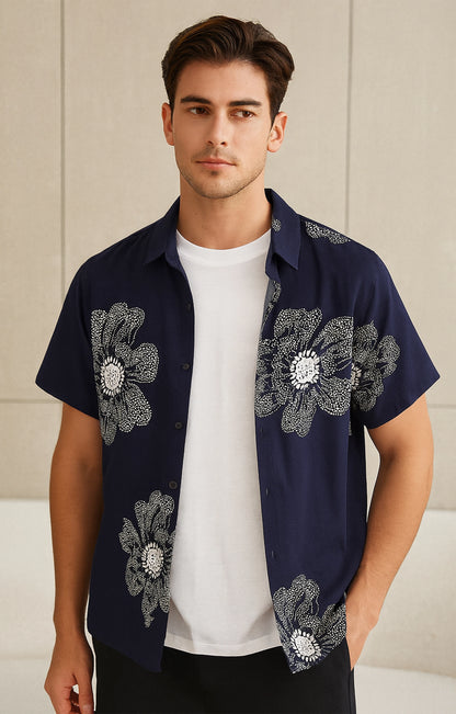 NAVY_FLOWER Casual short-sleeve button-up shirt