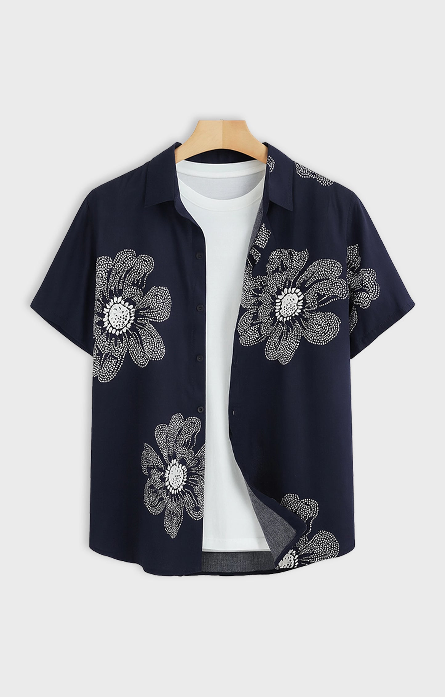 NAVY_FLOWER Casual short-sleeve button-up shirt
