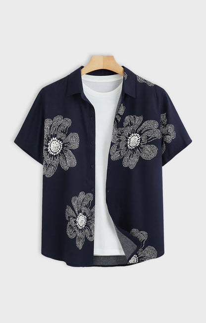 NAVY_FLOWER Casual short-sleeve button-up shirt
