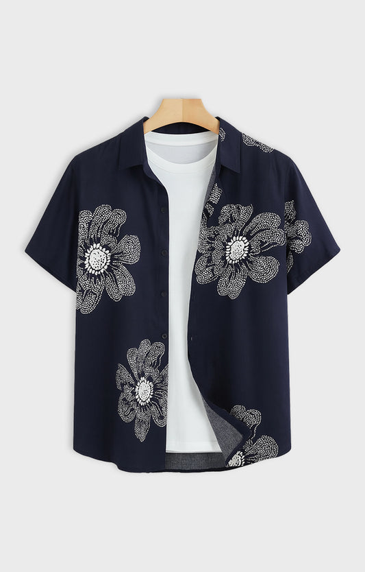 NAVY_FLOWER Casual short-sleeve button-up shirt