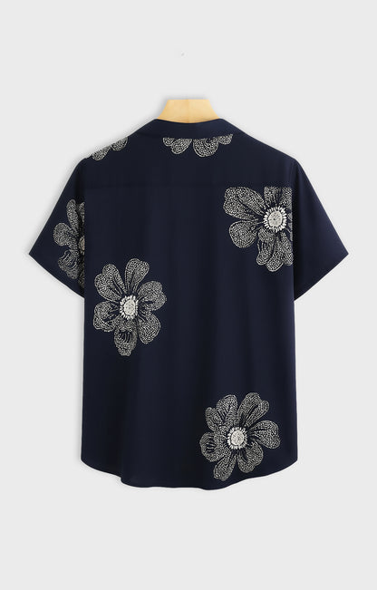 NAVY_FLOWER Casual short-sleeve button-up shirt