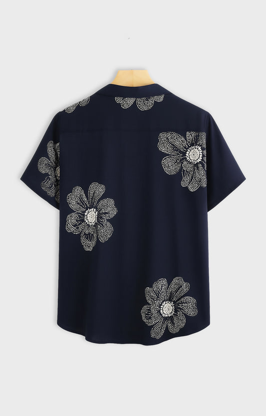 NAVY_FLOWER Casual short-sleeve button-up shirt