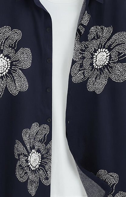 NAVY_FLOWER Casual short-sleeve button-up shirt