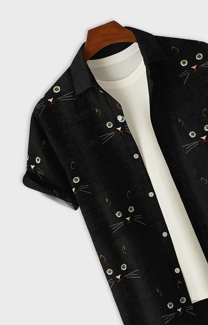 Black Cat Printed Mens Half Sleeves Shirt - XPST