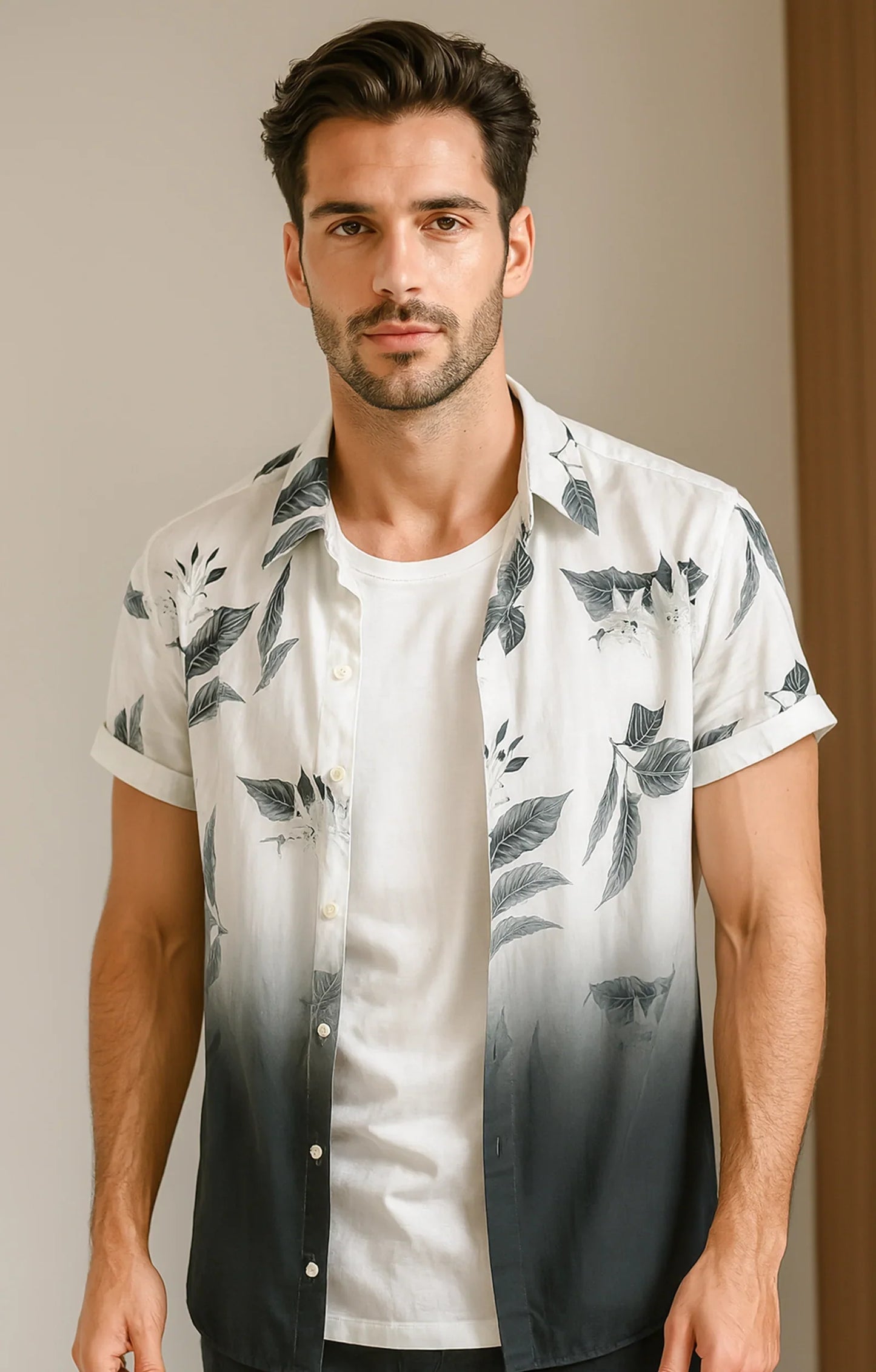 Black Half Leaves Printed Mens Half Sleeves Shirt - XPST