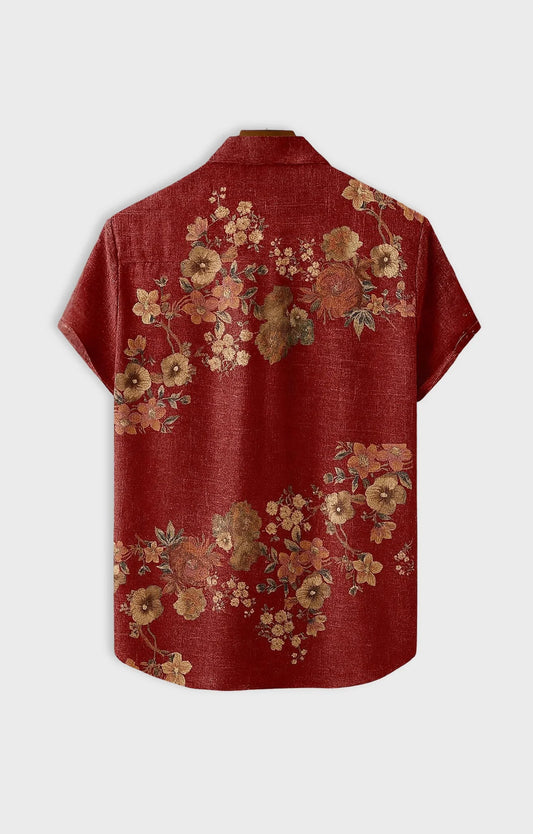 Red Flower Printed Mens Half Sleeves Shirt - XPST