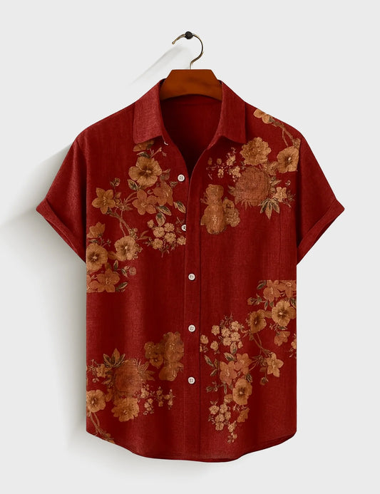 Red Flower Printed Mens Half Sleeves Shirt - XPST