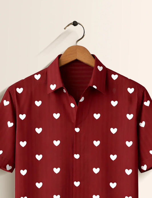 Maroon Ace of  Heart Printed Mens Half Sleeves Shirt - XPST