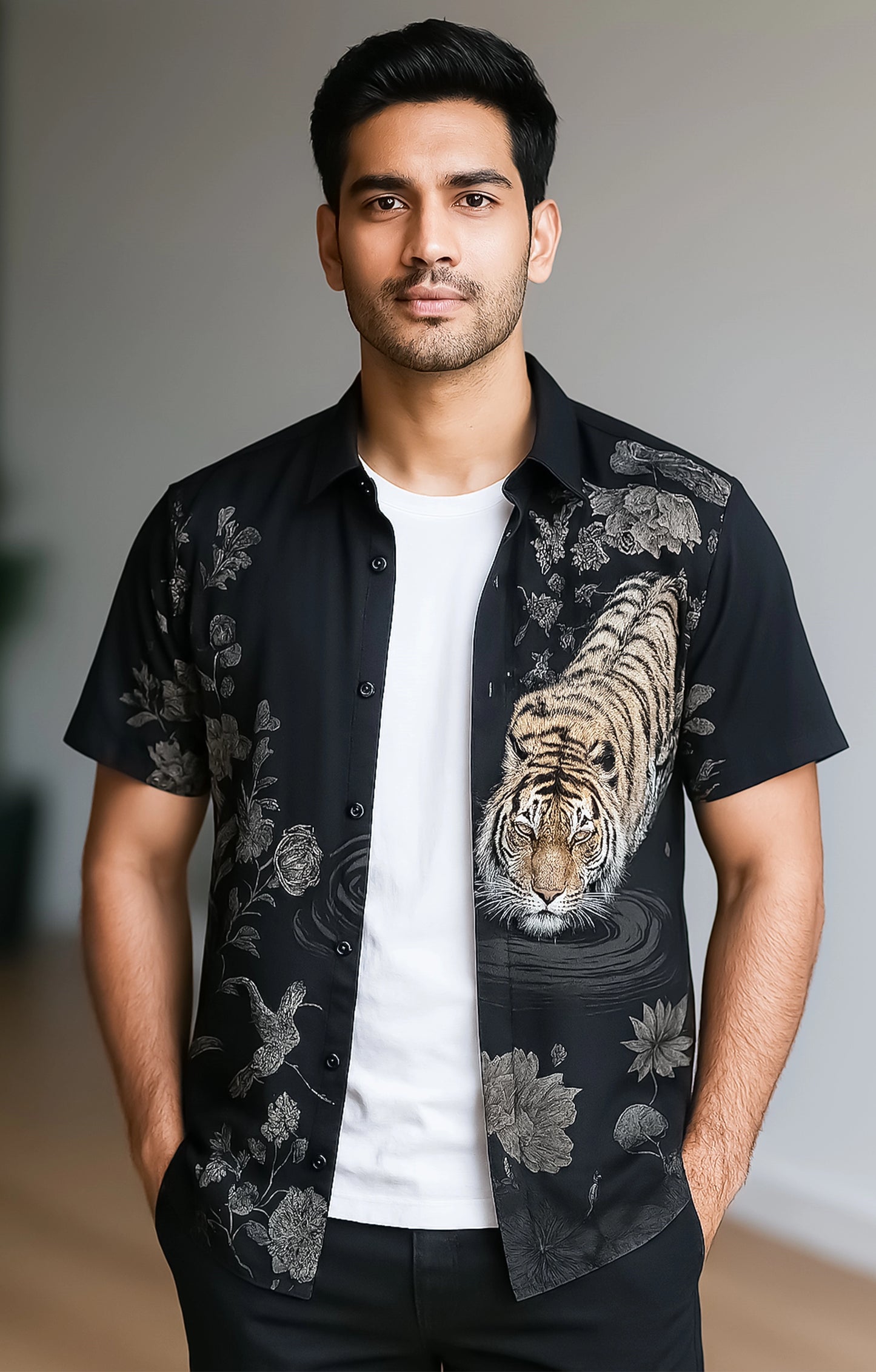 Black_Tiger Casual short-sleeve button-up shirt