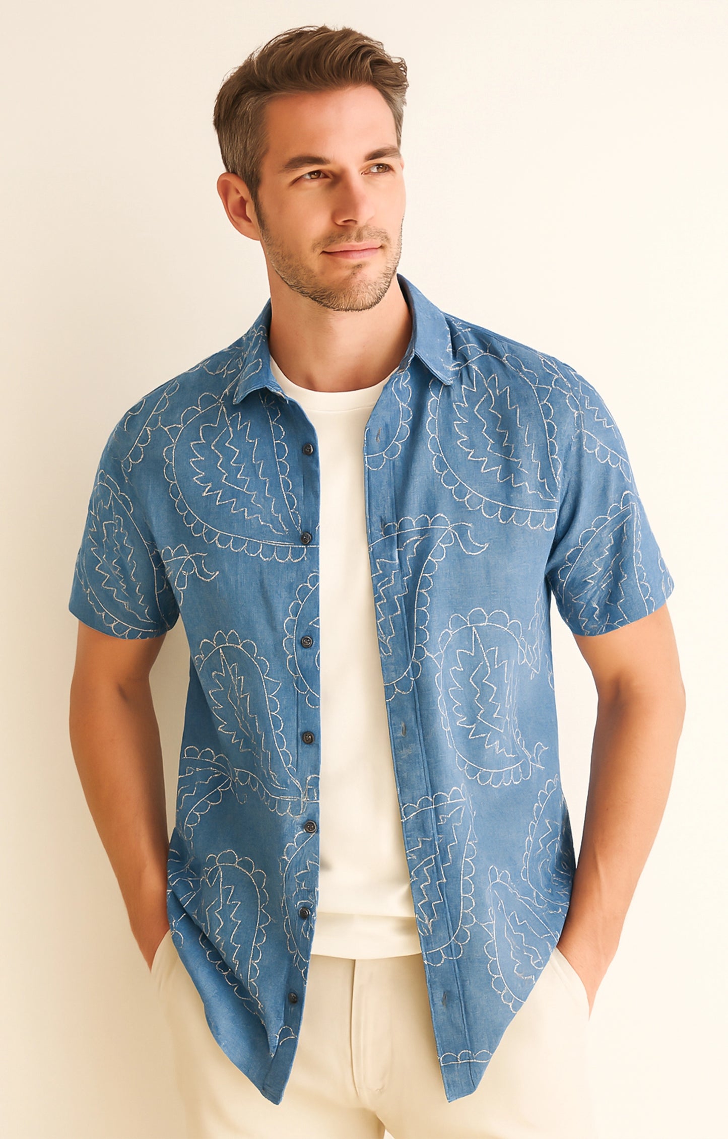 blue_outline short-sleeve button-up shirt