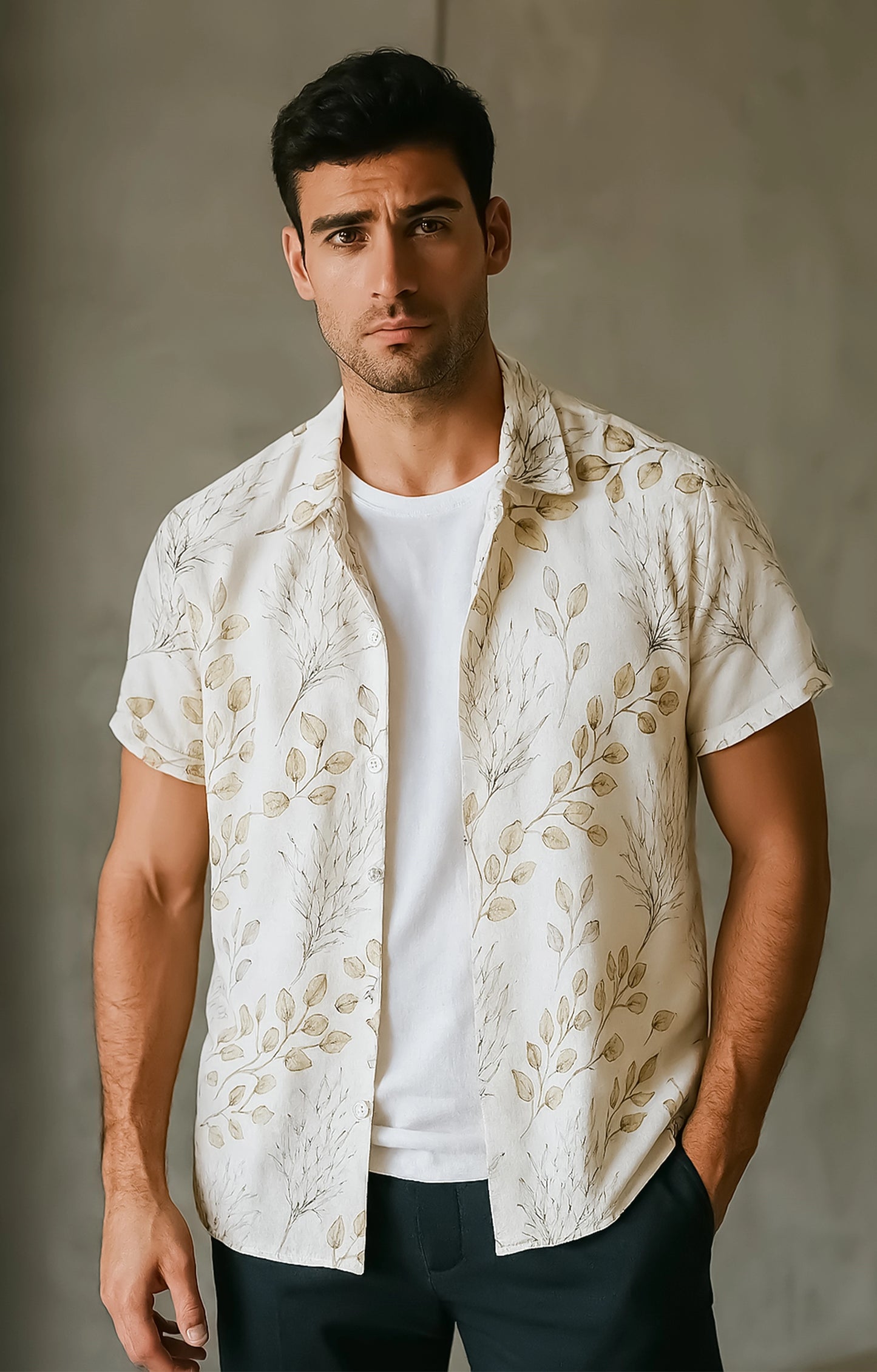 Floral_Cream Casual short-sleeve button-up shirt