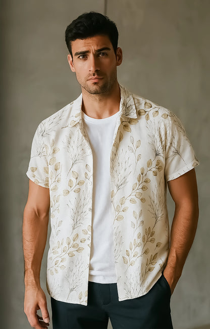 Floral_Cream Casual short-sleeve button-up shirt