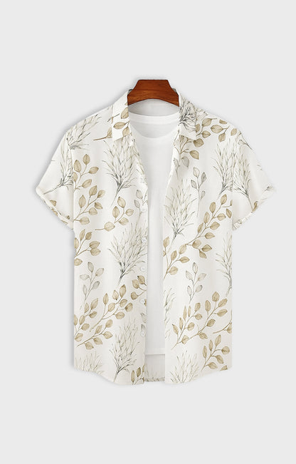 Floral_Cream Casual short-sleeve button-up shirt