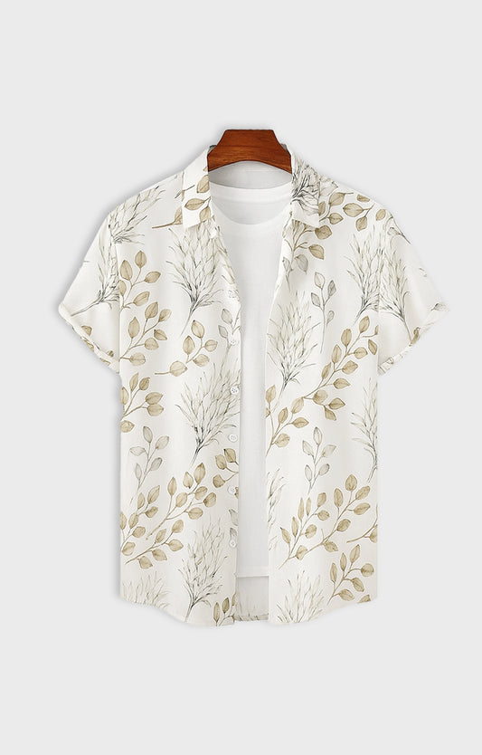 Floral_Cream Casual short-sleeve button-up shirt