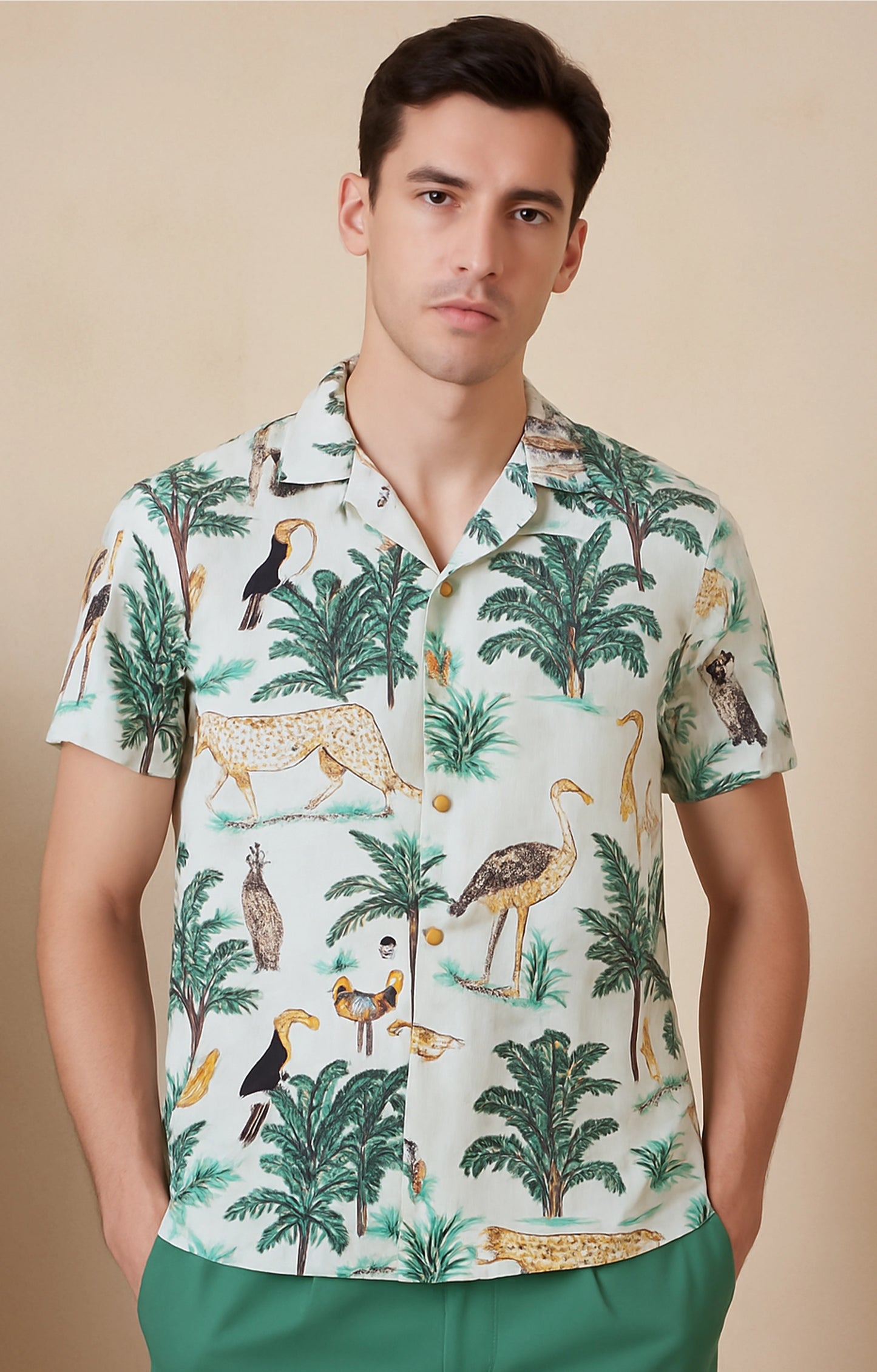 Green_Animal Casual short-sleeve button-up shirt