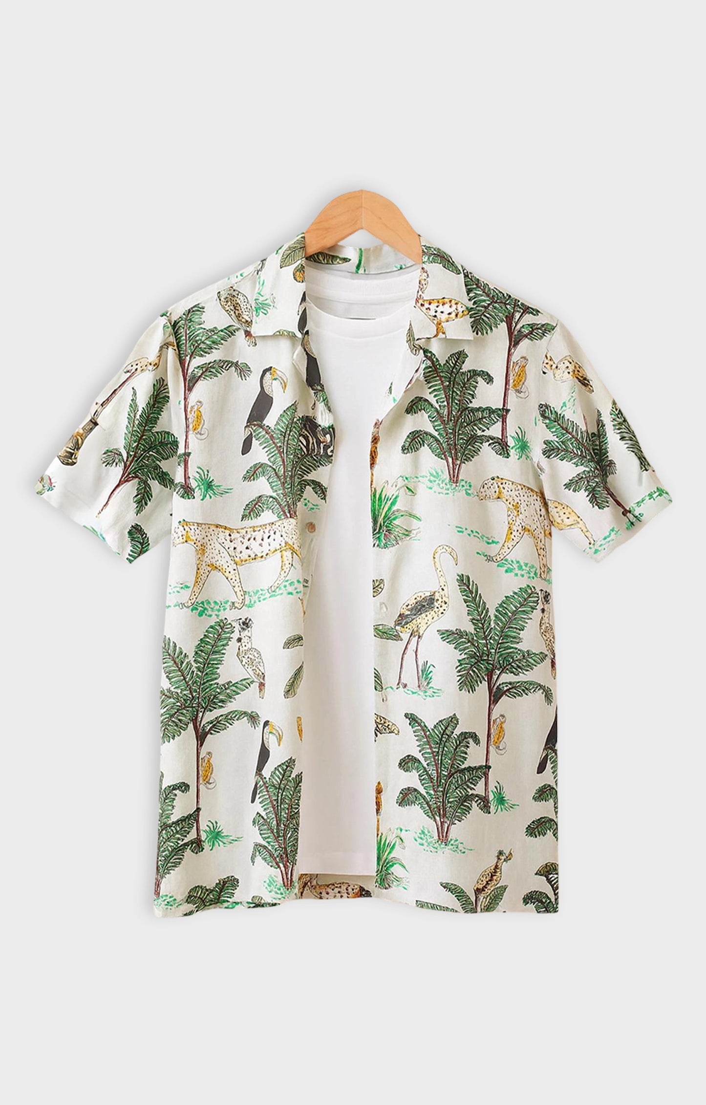 Green_Animal Casual short-sleeve button-up shirt