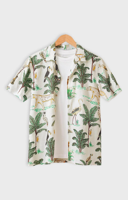 Green_Animal Casual short-sleeve button-up shirt