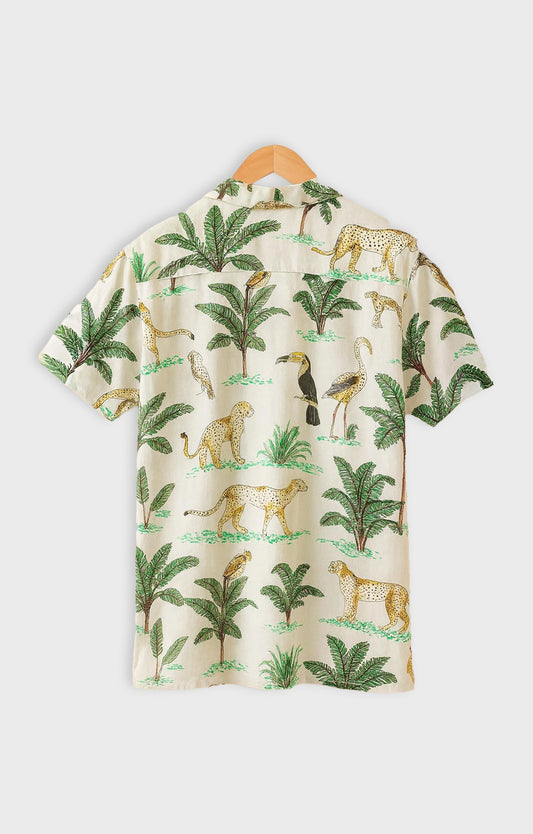 Green_Animal Casual short-sleeve button-up shirt