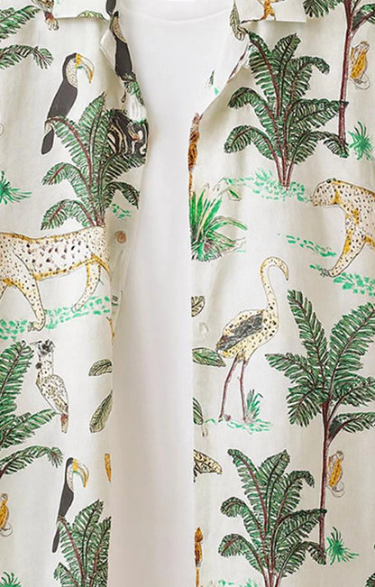 Green_Animal Casual short-sleeve button-up shirt