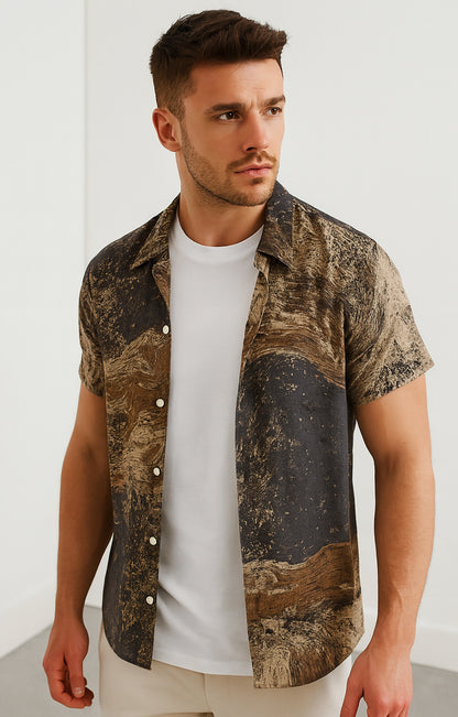 Green_Liquid Casual short-sleeve button-up shirt