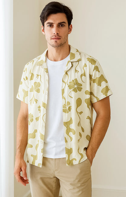 Multi_Leaves Casual short-sleeve button-up shirt
