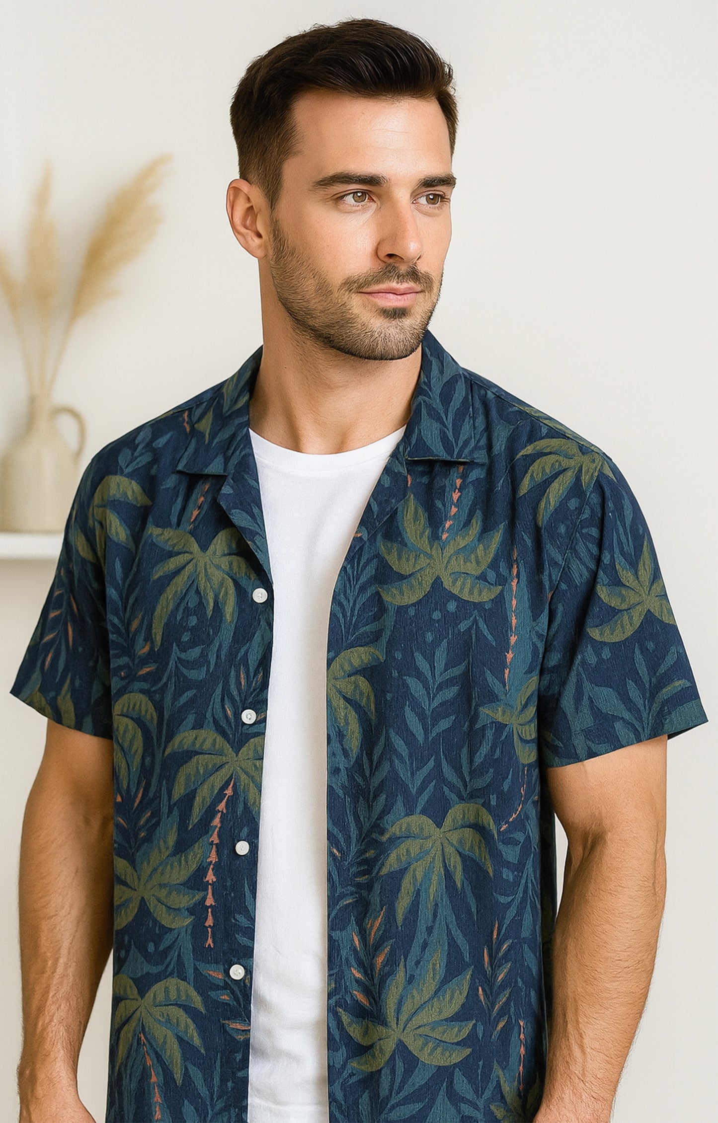 Navy_Leaves Casual short-sleeve button-up shirt