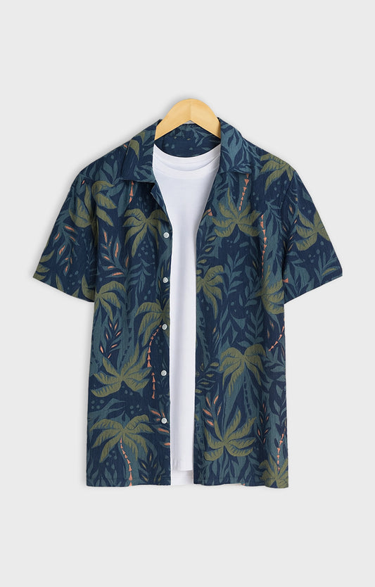 Navy_Leaves Casual short-sleeve button-up shirt