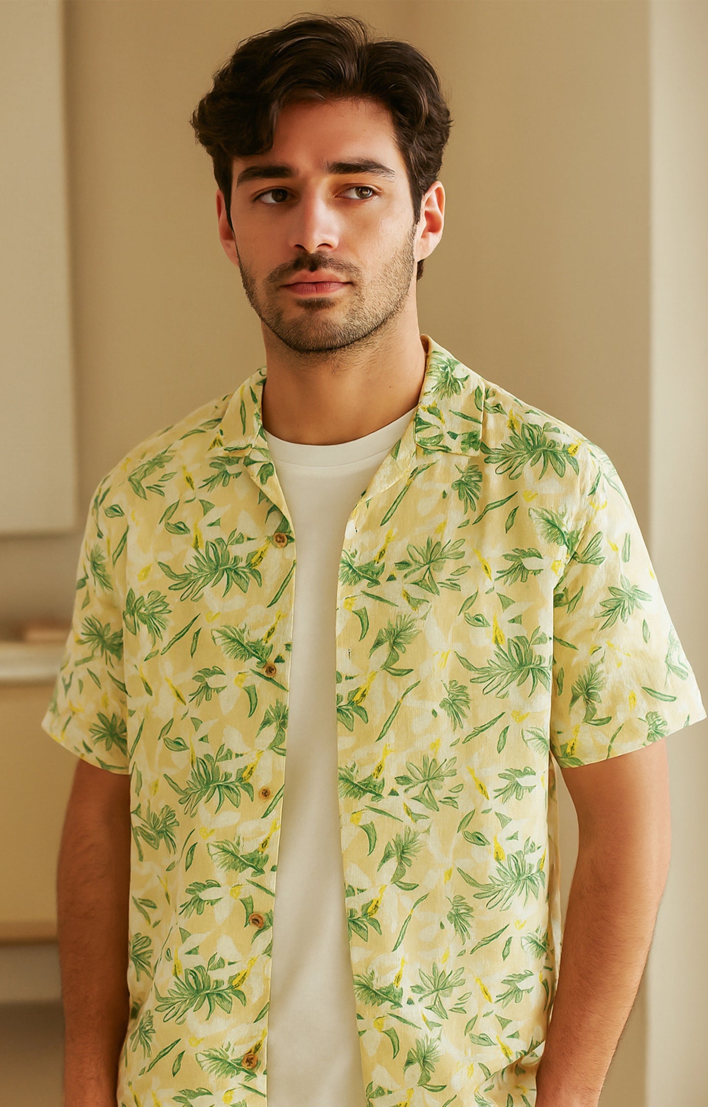 Yellow_Floral Casual short-sleeve button-up shirt
